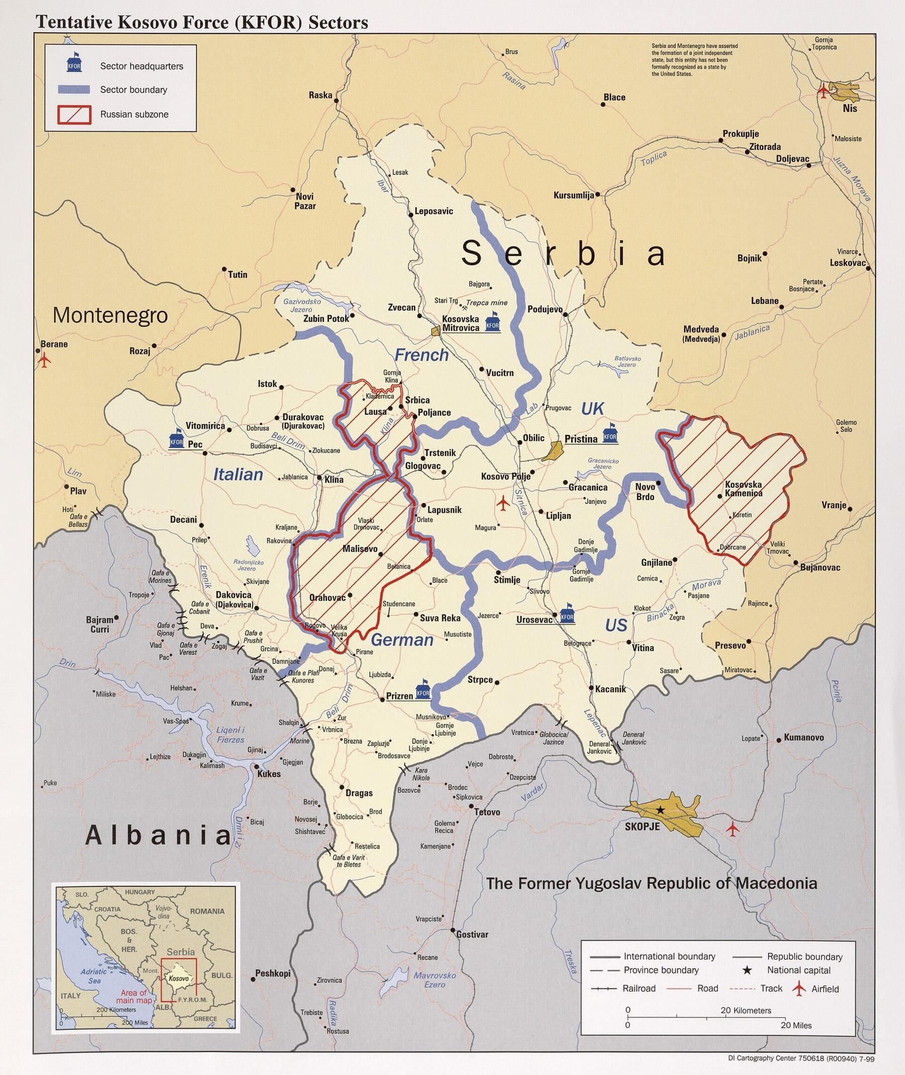 Map of Kosovo divided into multinational sectors.