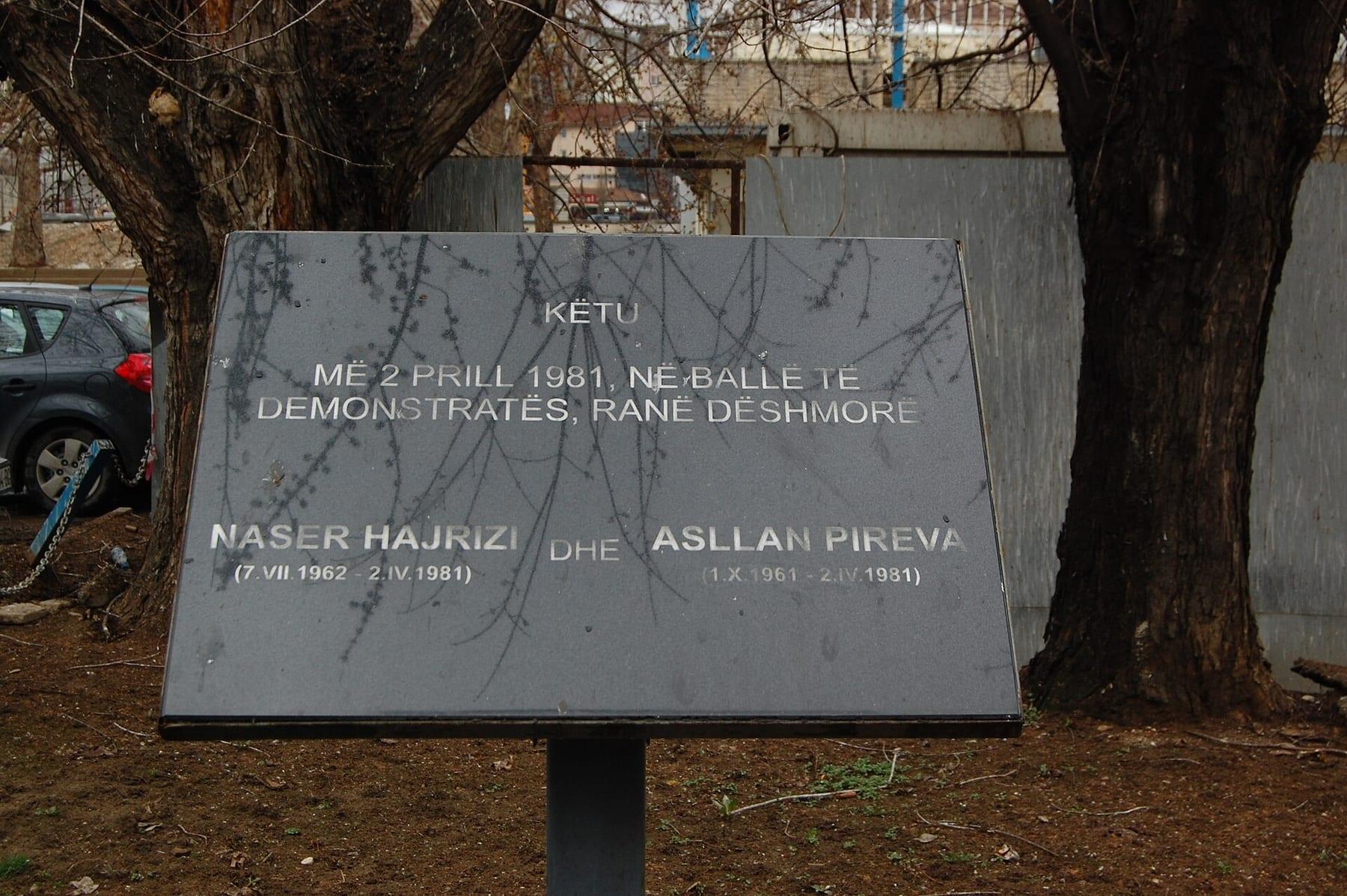 Dark stone plaque with an Albanian inscription, mounted on a post next to a tree.
