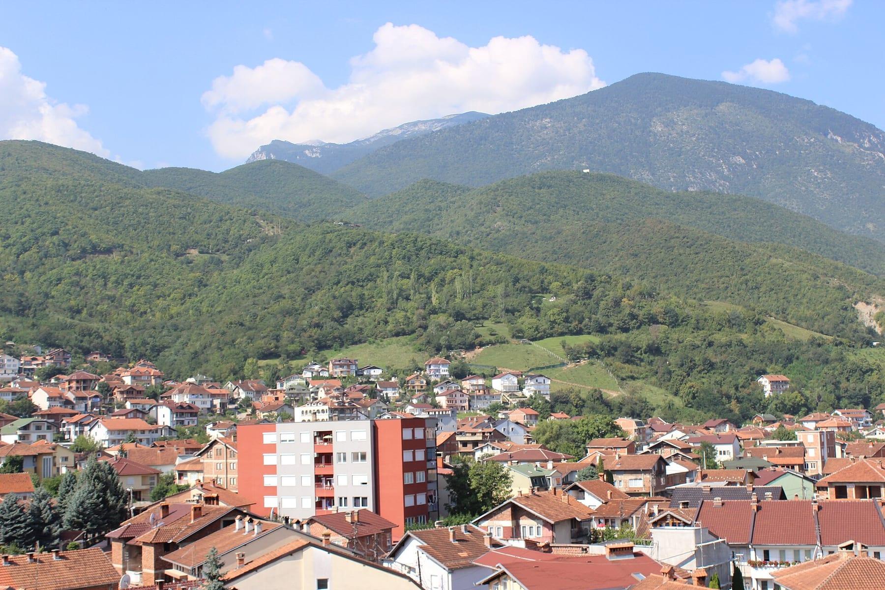 Red roofs of the town beneath forested mountains.
