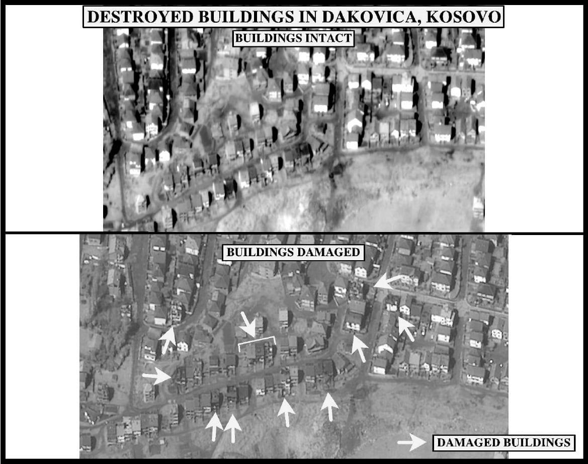 Two black-and-white aerial photos of a neighbourhood: intact buildings above, damaged buildings marked with arrows below.