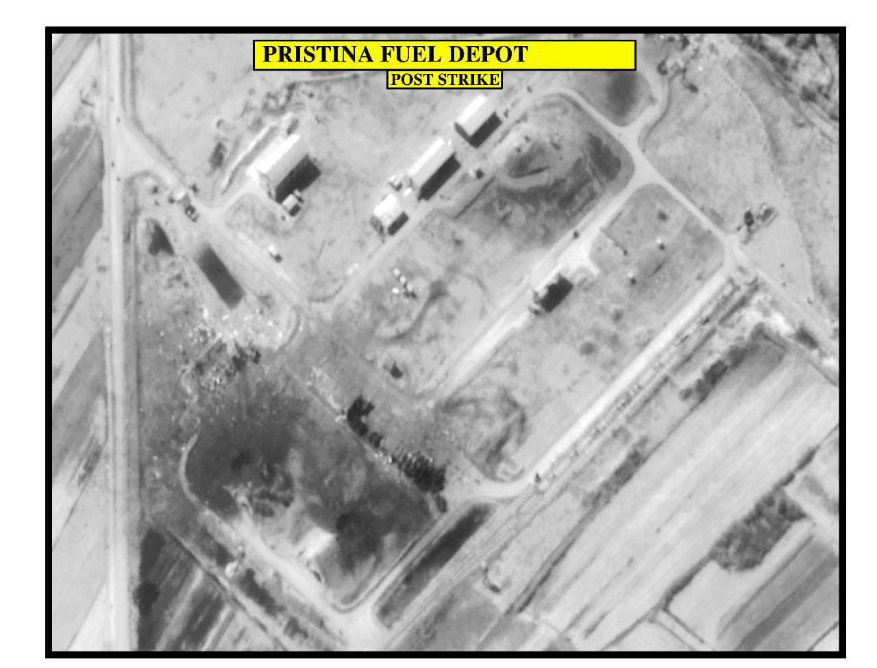 Black-and-white aerial view of a depot with roads and tanks, captioned 'Pristina Fuel Depot'.