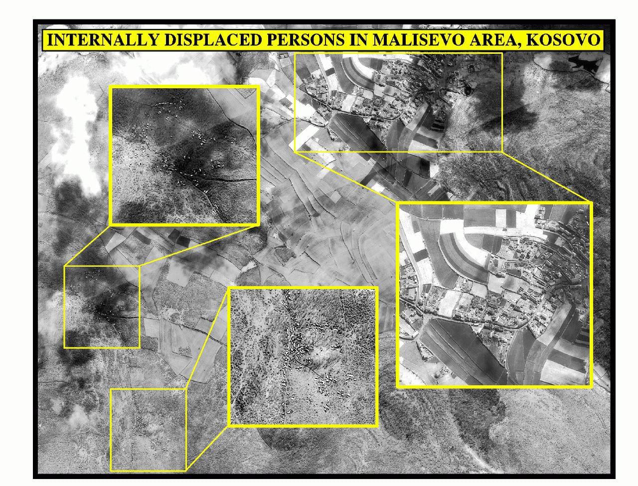 Black-and-white aerial image with yellow boxes enlarging parts of the terrain.