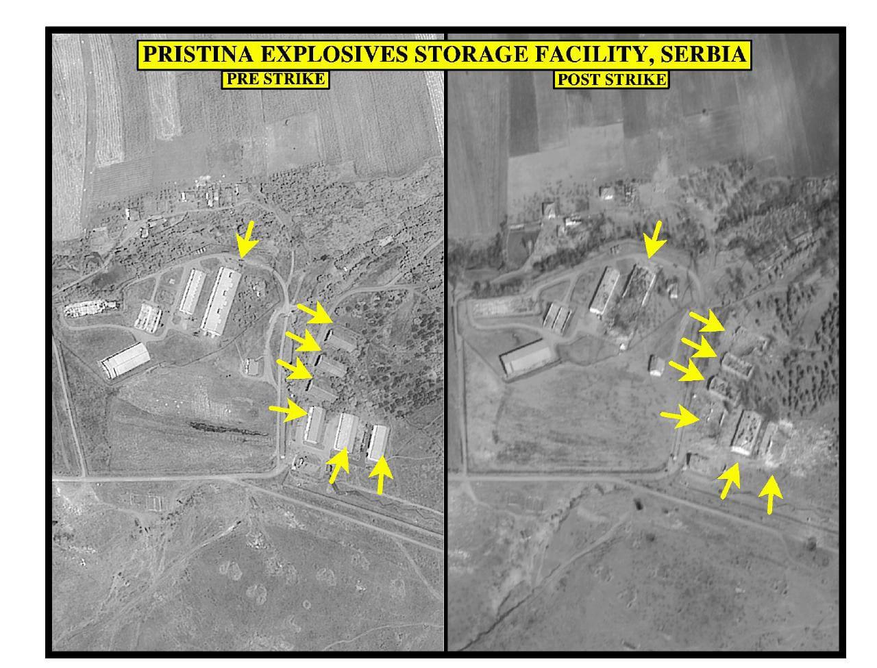 Two black-and-white aerial images side by side with yellow arrows marking the buildings hit.