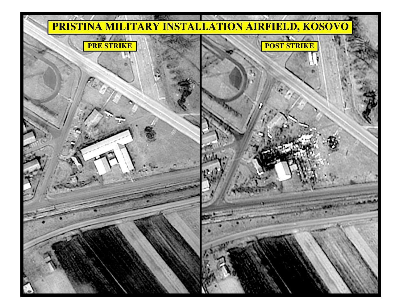 Two side-by-side black-and-white aerial views of an airfield installation labelled 'pre strike' and 'post strike'.