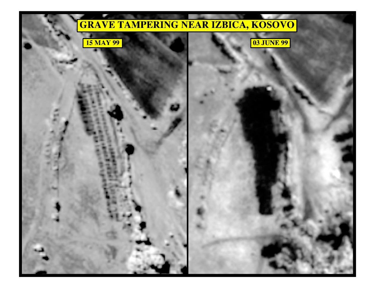 Two overhead views: rows of graves on the left, churned earth at the same spot on the right