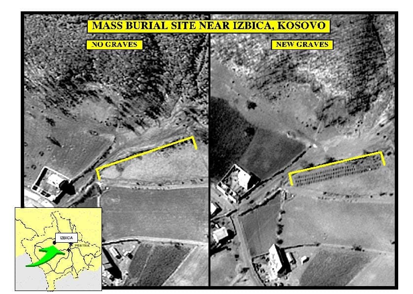 Two black-and-white overhead views of a field; the second shows rows of graves marked with a yellow frame