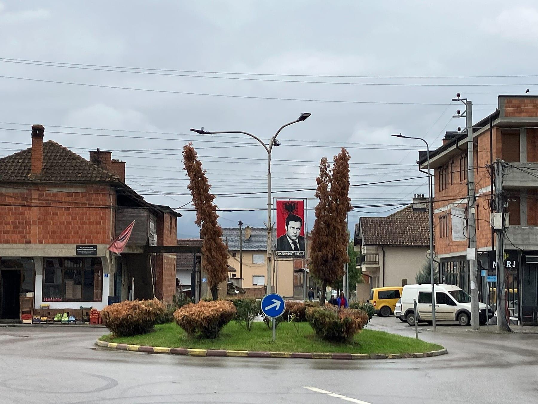 Roundabout with greenery and a commemorative portrait, surrounded by houses.