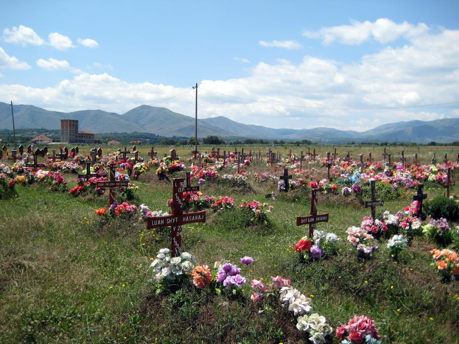 Rows of graves with flowers in an open field under a cloudy sky