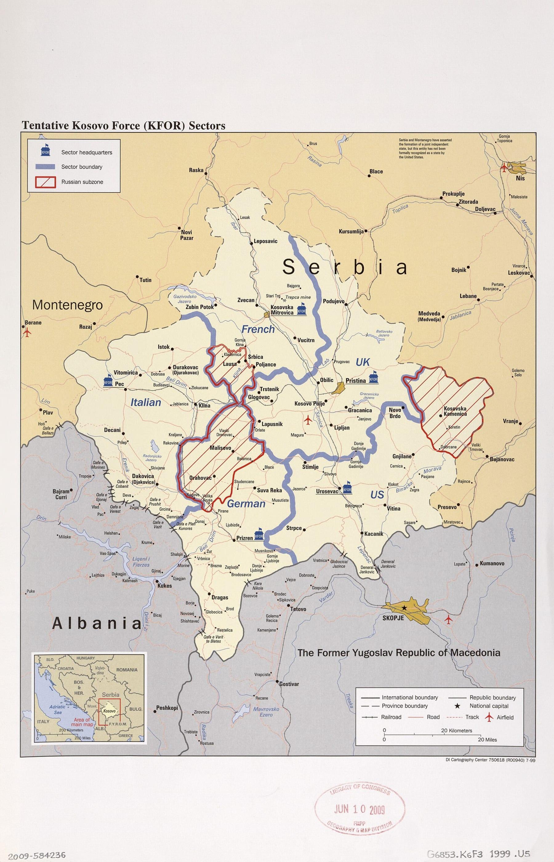 Map of Kosovo divided into coloured sectors, with a legend.
